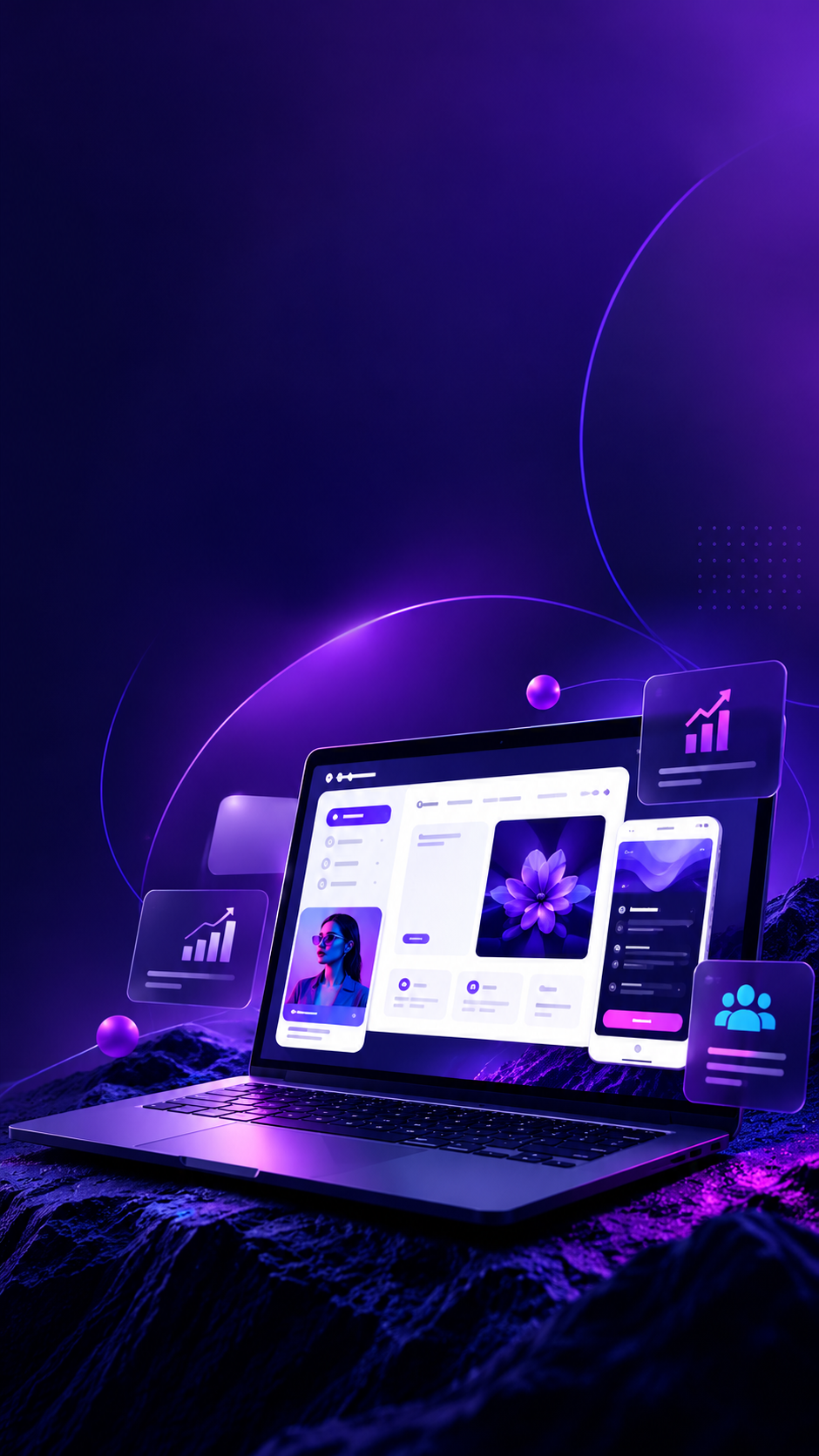 Interface de site responsivo exibida em notebook e celular
